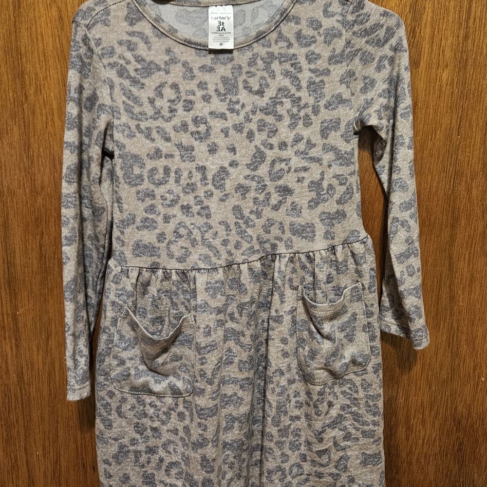 3T Carter's Taupe and Gray Leopard Print Long Sleeve Dress